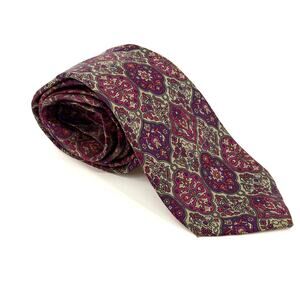 Vintage 90s Guy Laroche Purple Gold 100% Silk Floral Extra Long Necktie